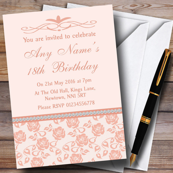 Pretty Pale Coral Floral Diamante Personalized Birthday Party Invitations