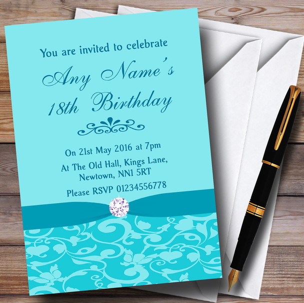 Tiffany Blue Vintage Floral Damask Diamante Personalized Birthday Party Invitations