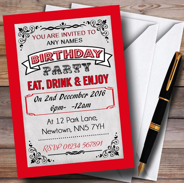 Red Vintage Carnival Personalized Birthday Party Invitations