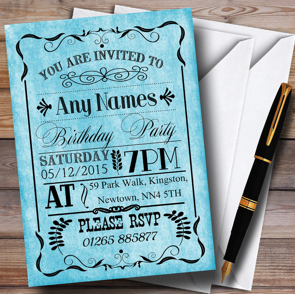 Vintage Old Style Blue Personalized Birthday Party Invitations