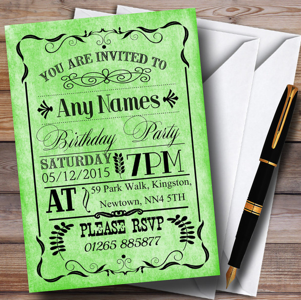 Vintage Old Style Green Personalized Birthday Party Invitations