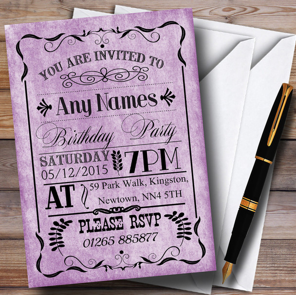 Vintage Old Style Purple Personalized Birthday Party Invitations