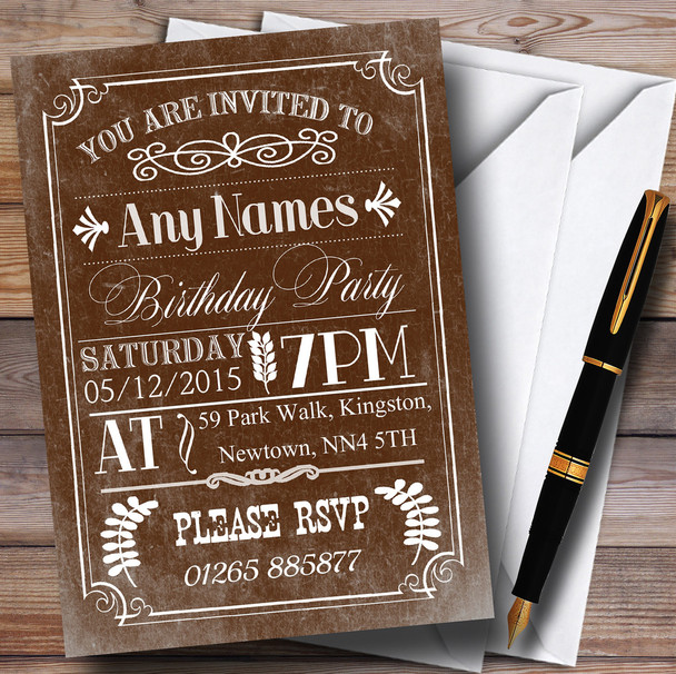 Vintage Retro Brown Personalized Birthday Party Invitations