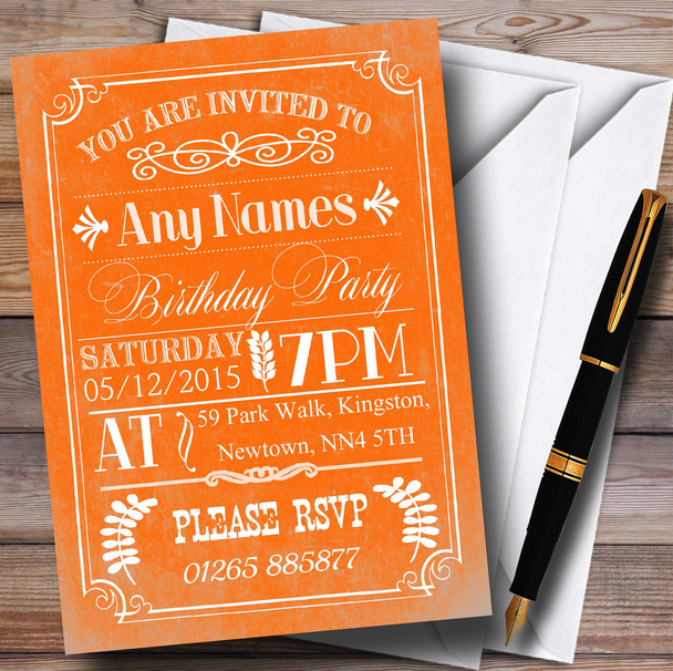 Vintage Retro Orange Personalized Birthday Party Invitations