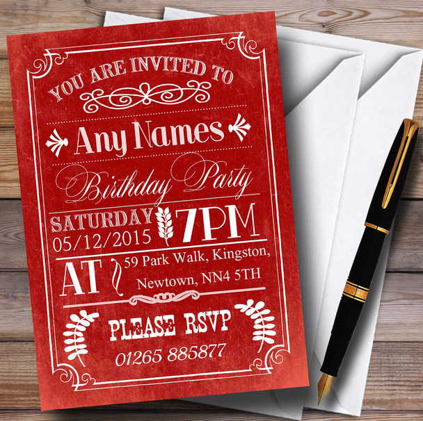 Vintage Retro Red Personalized Birthday Party Invitations
