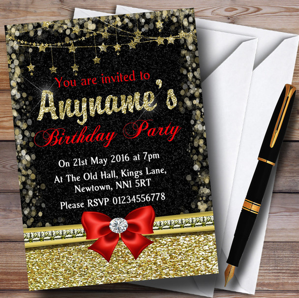 Glitter Look Gold Red Bow Birthday Party Personalized Invitations