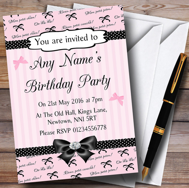 Pink Black Parisian Chic Bows Birthday Party Personalized Invitations
