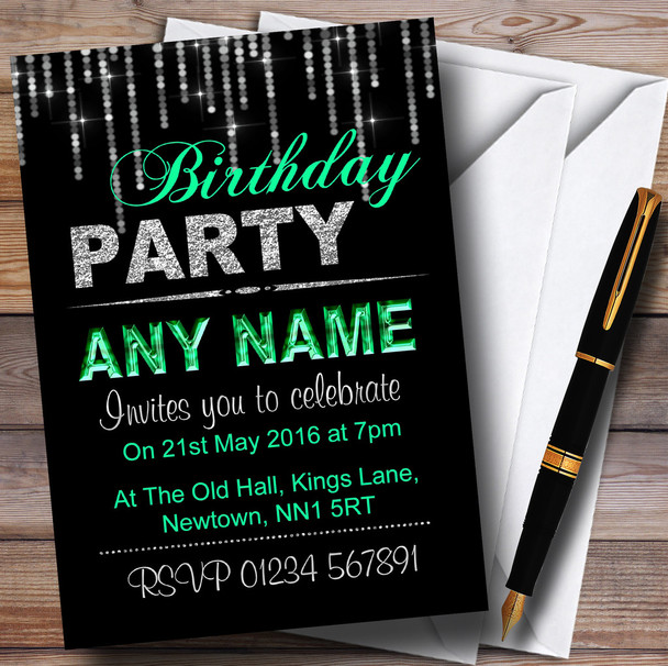 Silver And Mint Green Glitz Birthday Party Personalized Invitations