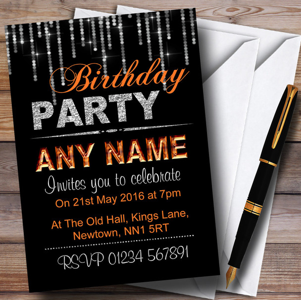 Silver And Orange Glitz Birthday Party Personalized Invitations