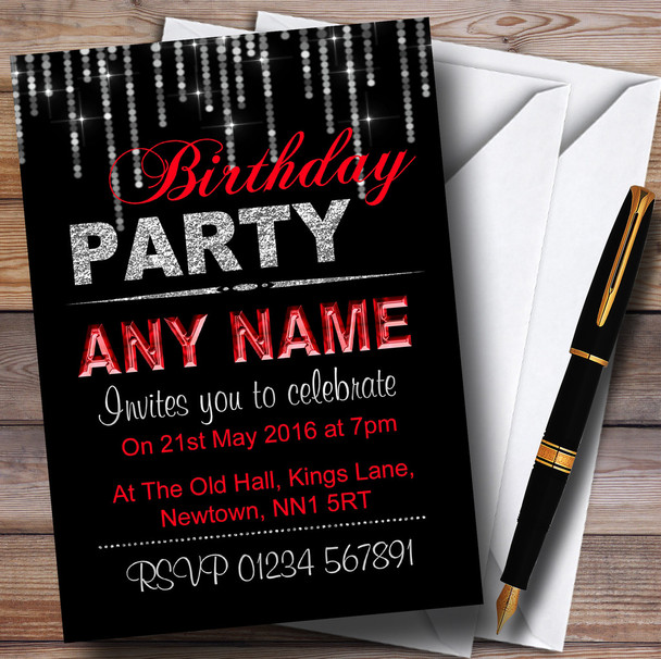 Silver And Red Glitz Birthday Party Personalized Invitations