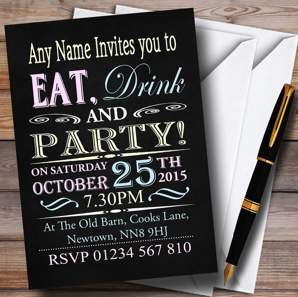 Vintage Pink Yellow Baby Blue Chalk Style Birthday Party Personalized Invitations