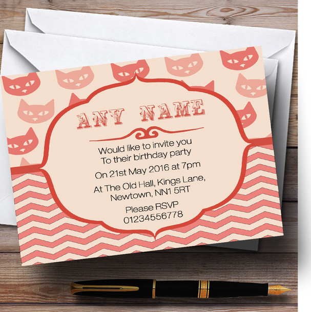 Coral Cats Personalized Birthday Party Invitations