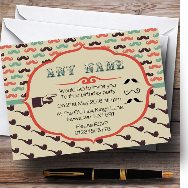 Hipster Moustache And Pipes Personalized Birthday Party Invitations
