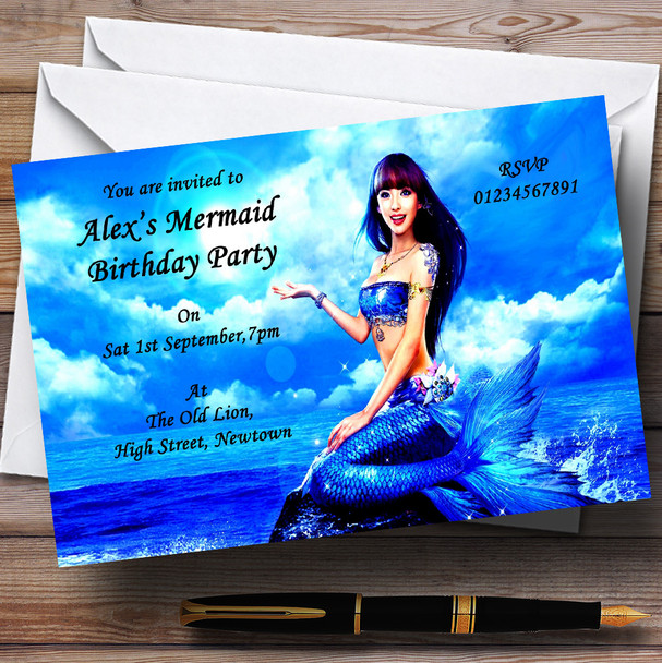 Blue Mermaid Theme Personalized Birthday Party Invitations