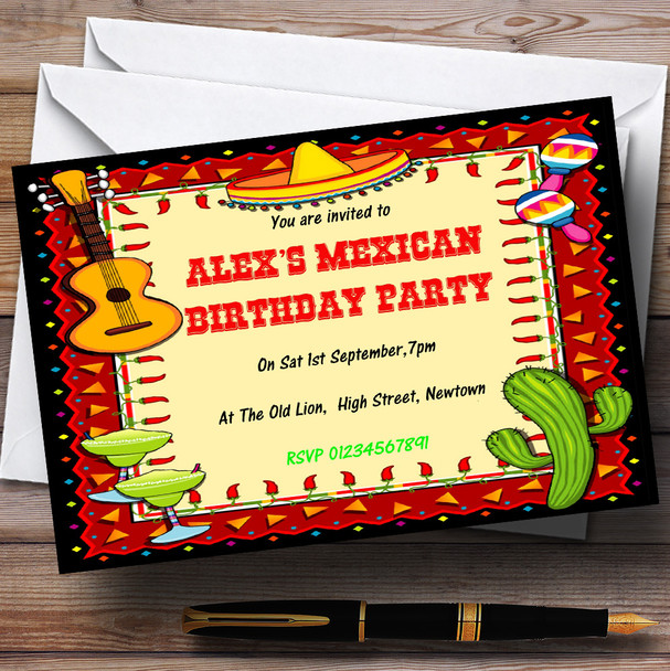 Mexican Fiesta Theme Personalized Birthday Party Invitations