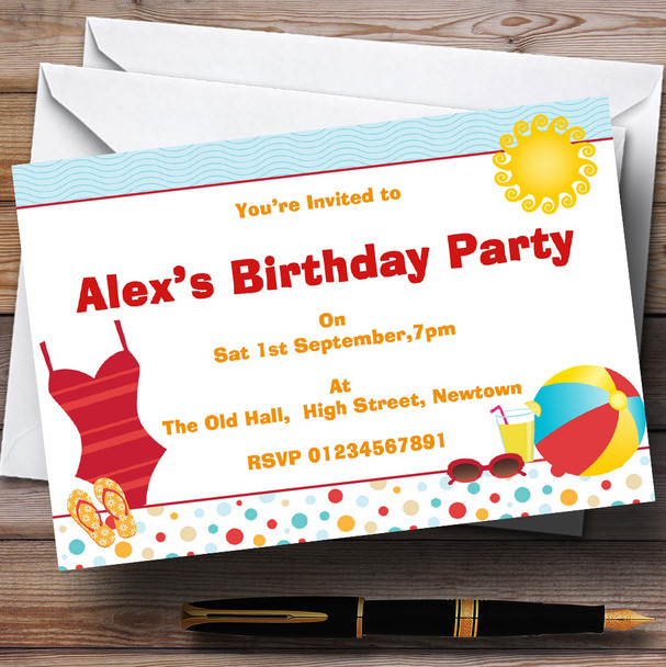 Beach Sun Pool Theme Personalized Birthday Party Invitations