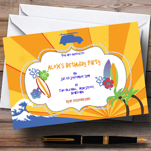 Surfing Theme Personalized Birthday Party Invitations