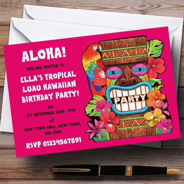Pink Tropical Luau Hawaiian Personalized Party Invitations