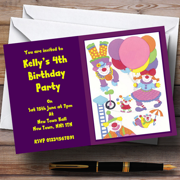 Purple Clowns Cute Children's Personalized Party Invitations