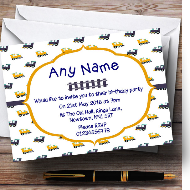Children's Yellow And Blue Trains Personalized Children's Birthday Party Invitations