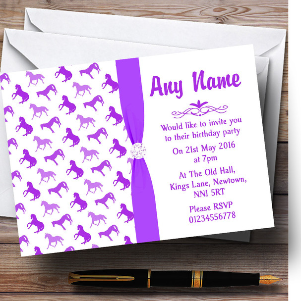 Purple And White Horses Personalized Children's Birthday Party Invitations