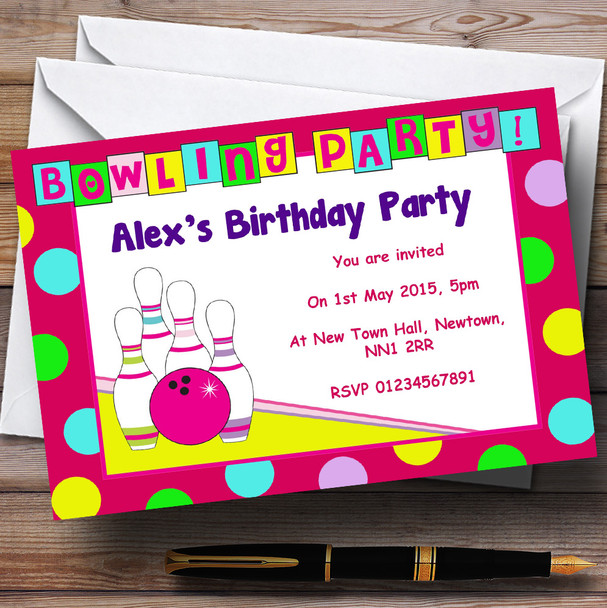 Bowling Pink Personalized Birthday Party Invitations