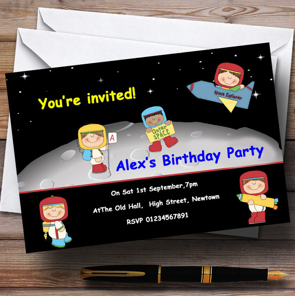 Cute Outer Space Rocket Astronaut Personalized Birthday Party Invitations