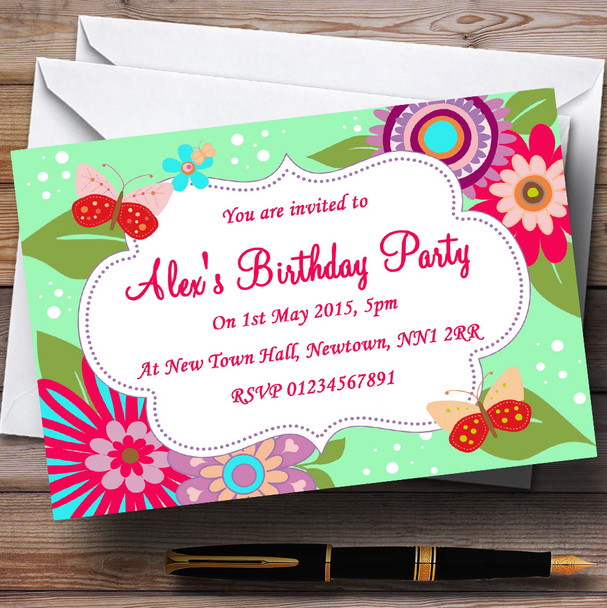 Flowers Butterflies Pretty Personalized Birthday Party Invitations