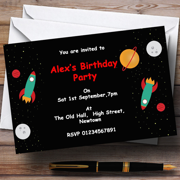 Outer Space Rocket Black Personalized Birthday Party Invitations