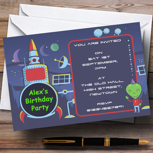 Space Alien Rocket Personalized Birthday Party Invitations