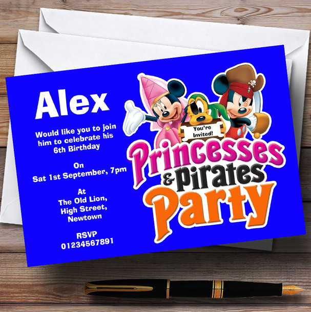 Boy's Blue Pirate And Princess Theme Personalized Birthday Party Invitations