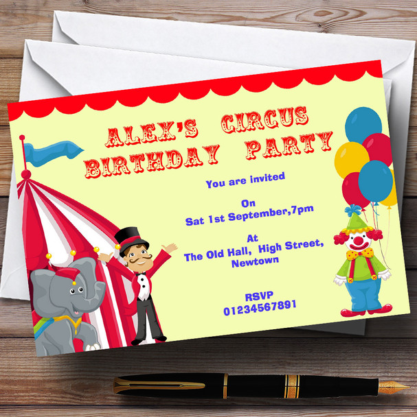 Circus Clown And Tent Theme Personalized Birthday Party Invitations