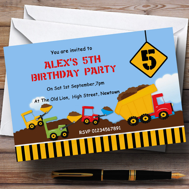 Construction Digger Theme Personalized Birthday Party Invitations