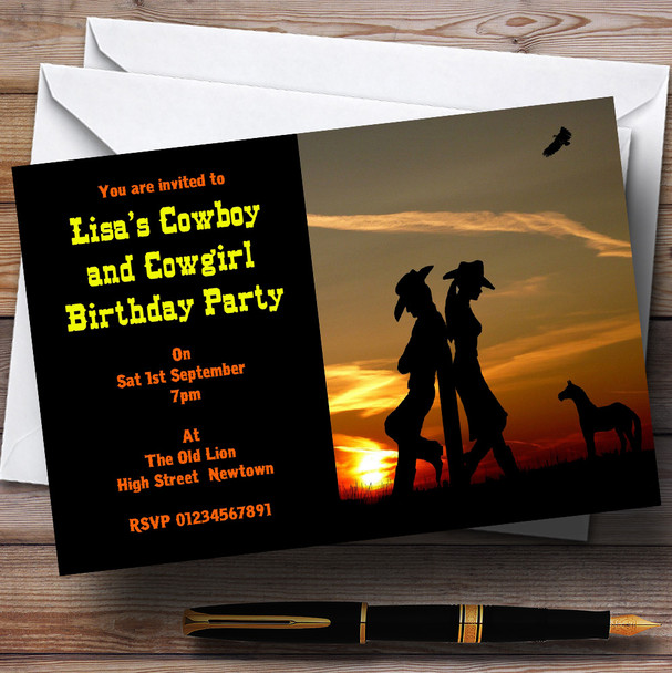 Cowboy And Cowgirl At Sunset Theme Personalized Birthday Party Invitations