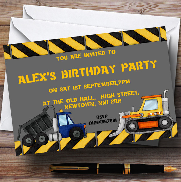 Dumper Truck, Tractor And Digger Theme Personalized Birthday Party Invitations