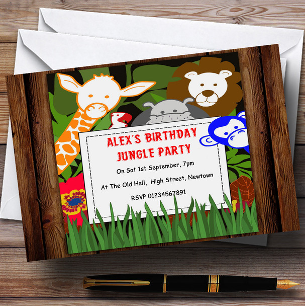 Jungle Animals Lion Hippo Giraffe Monkey Theme Personalized Birthday Party Invitations