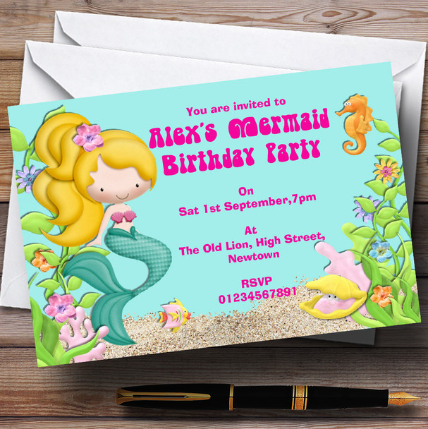 Mermaid And Seahorse Theme Personalized Birthday Party Invitations