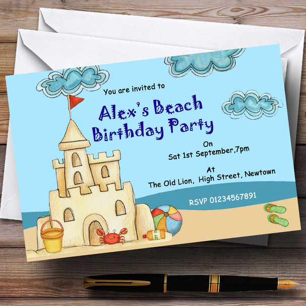 Beach Sandcastle Pool Theme Personalized Birthday Party Invitations