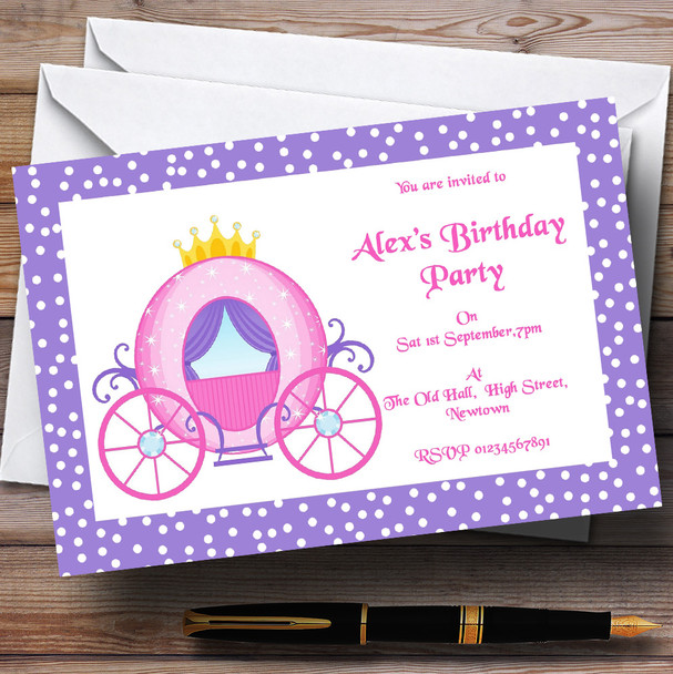 Princess Carriage Pink And Lilac Theme Personalized Birthday Party Invitations