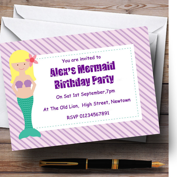 Purple Mermaid Theme Personalized Birthday Party Invitations