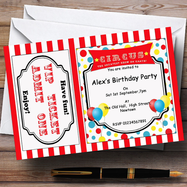 Spoof Circus Ticket Red Theme Personalized Birthday Party Invitations