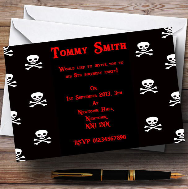 Black Skull & Crossbones Pirate Personalized Children's Party Invitations