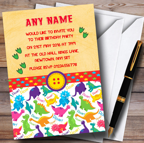 Dinosaur Roar Button Personalized Children's Birthday Party Invitations