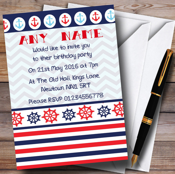 Nautical Boat Anchor Sailor Sea Personalized Children's Birthday Party Invitations