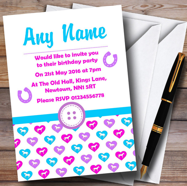 Pink Aqua And White Horses Personalized Children's Birthday Party Invitations