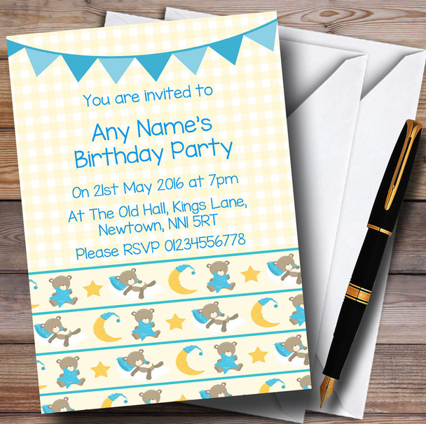 Sleepy Bears Blue And Yellow Children's Kids Party Personalized Invitations
