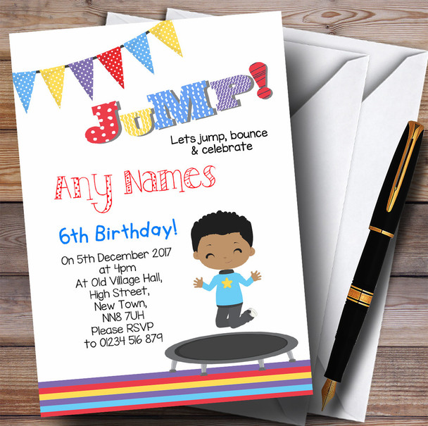 Dark Skinned Boy Trampoline Children's Birthday Party Invitations