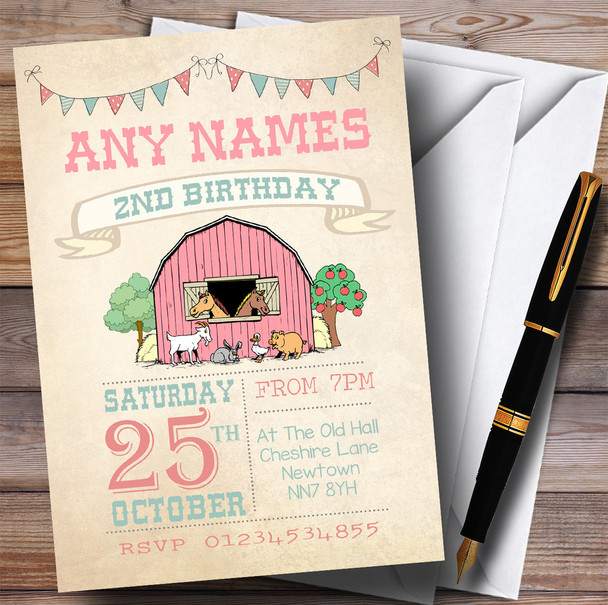 Girls Farm Animals Children's Birthday Party Invitations