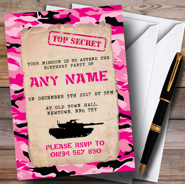 Girls Pink Army Soldier Camouflage Children's Birthday Party Invitations