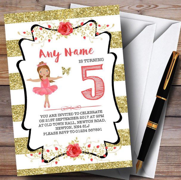 Gold Stripes Ballerina Ballet Children's Birthday Party Invitations